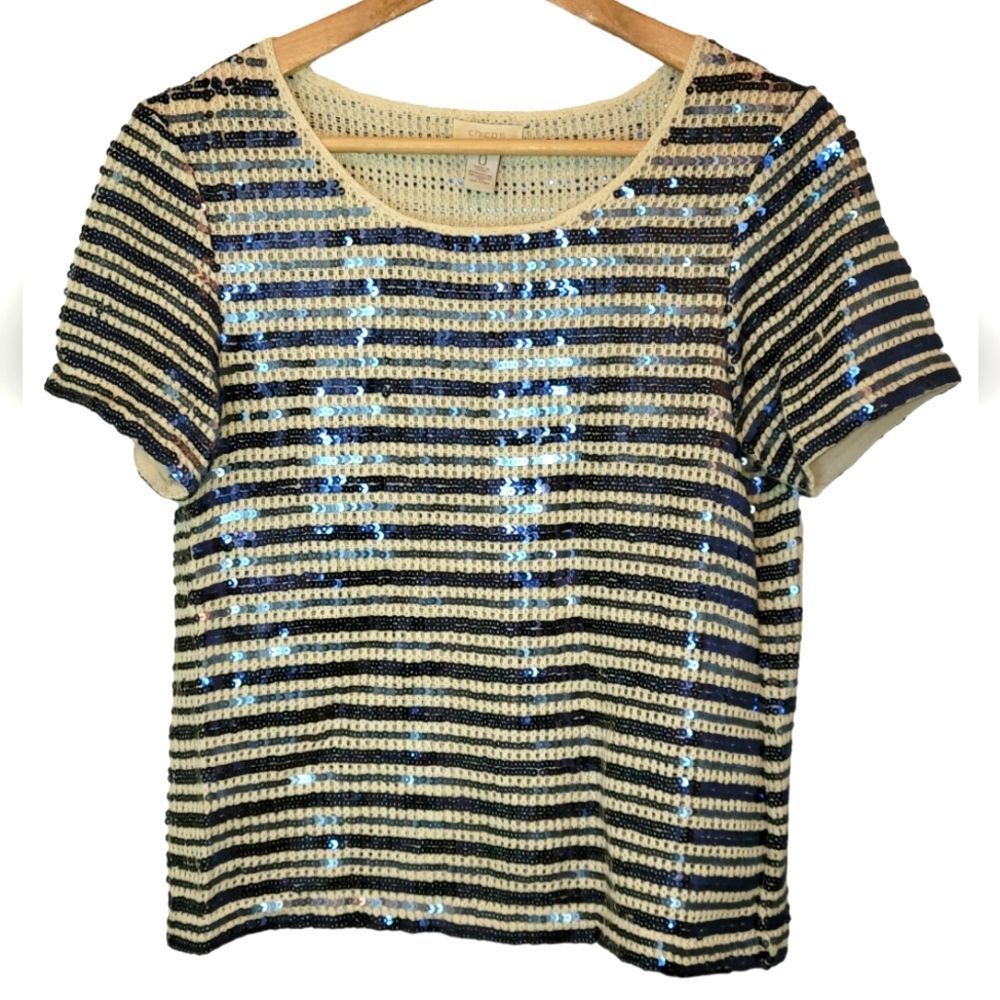 Chico's Starlett Sequin Striped Top, Size 0/Small